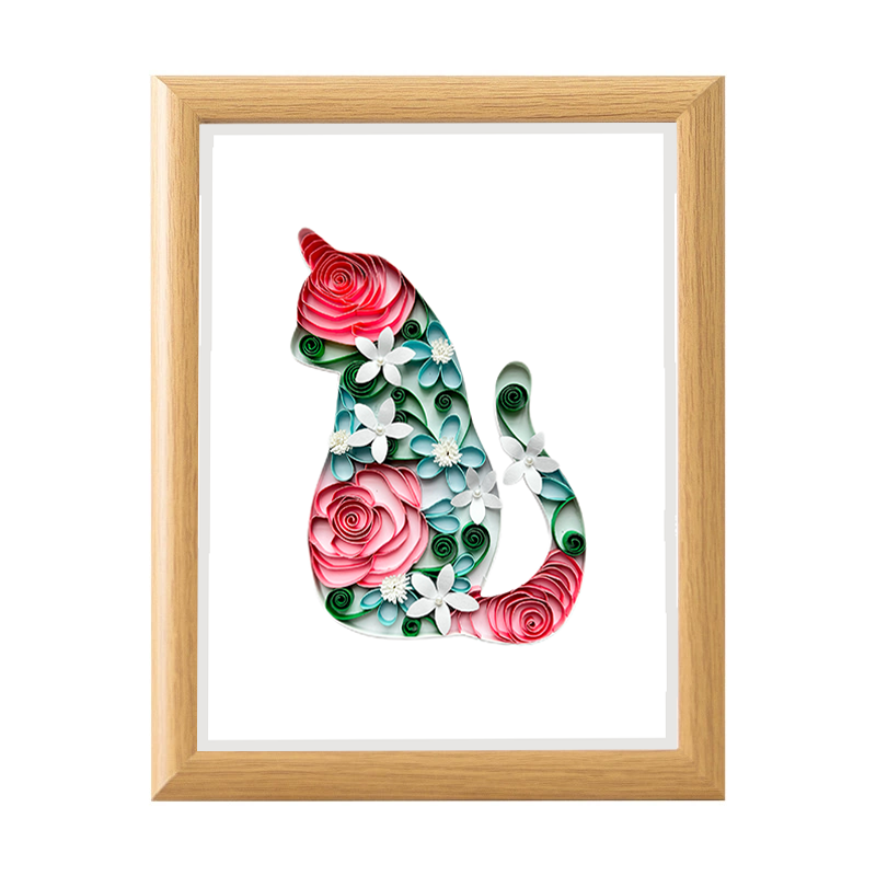 Cat & Flower Silhouette Quilling Art - Paper Art, Gift for Cat Lovers, Handmade Paper Quilling Art 3D Cat